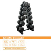 Hex dumbbell set with a stand on a white background